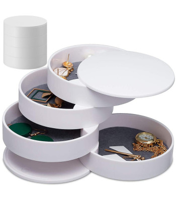 Apvali papuošalų dėžutė-organizatorius su 4 skyriais, balta, 10,5 × 10,2 cm