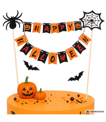 Helovino torto ir užkandžių dekoracija – dviejų eilių „Happy Halloween“ girliandos formos smeigtukas su voru ir voratinkliu, 22 × 19 cm
