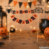 Helovino torto ir užkandžių dekoracija – dviejų eilių „Happy Halloween“ girliandos formos smeigtukas su voru ir voratinkliu, 22 × 19 cm