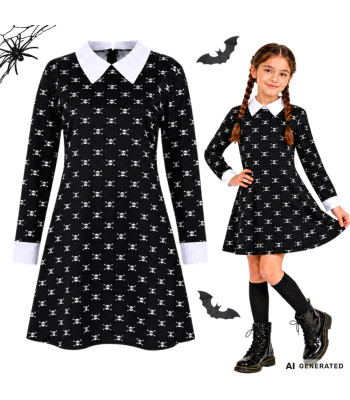 Vaikiška kostiuminė suknelė su kaukolių raštu, Wednesday Addams, 125–135 cm