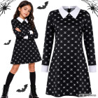Vaikiška Wednesday Addams įkvėpta Helovino suknelė-kostiumas su kaukolių raštu, 115–125 cm