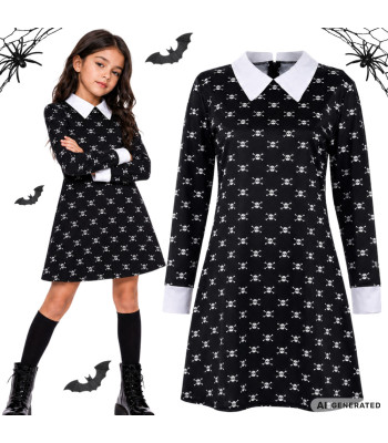 Vaikiška Wednesday Addams įkvėpta Helovino suknelė-kostiumas su kaukolių raštu, 115–125 cm