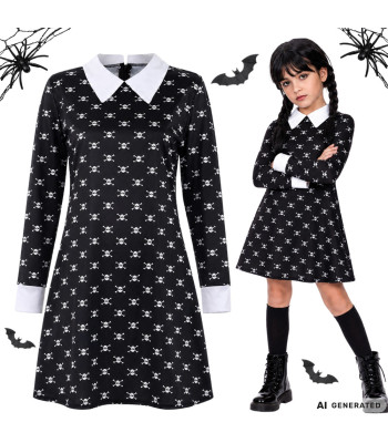Vaikiška Wednesday Addams stiliaus kostiumo suknelė Helovinui, juoda, 135–145 cm