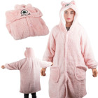 Šiltas rožinis džemperis-antklodė su gobtuvu, 2 viename, oversize, XL