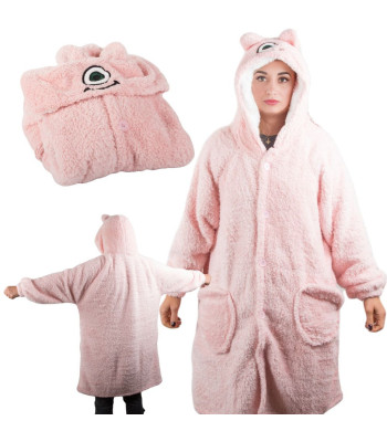 Šiltas rožinis džemperis-antklodė su gobtuvu, 2 viename, oversize, XL