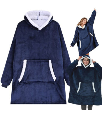 Šiltas džemperis-pledas su gobtuvu, 2 viename, minkštas ir storas, tamsiai mėlynas, XXL