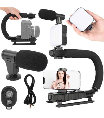 Vlogavimo rinkinys su C formos laikikliu, mikrofonu, LED šviestuvu ir „Bluetooth“ nuotolinio valdymo pulteliu AY-49U