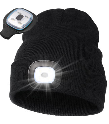 Juoda žieminė ir rudeninė kepurė su LED žibintuvėliu, įkraunama per USB, 3 švietimo režimai, 21 cm, 20–30 cm