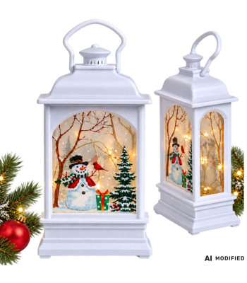 Kalėdinis LED žibintas su sniego seniu, baltas, 14 × 7 × 4 cm