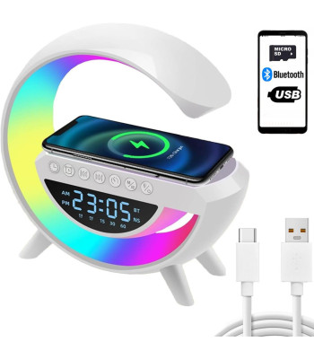 RGB LED lempa su belaidžiu įkrovikliu, „Bluetooth“ garsiakalbiu, radiju ir žadintuvu, 24,5 × 24 × 8 cm