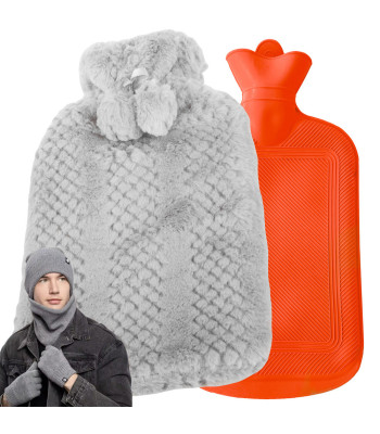 Guminis termoforas su pilku megztinio tipo užvalkalu, 2l, 34cm x 19cm