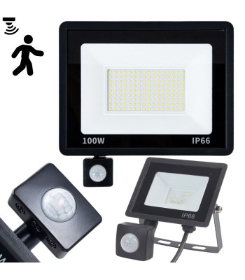 LED lauko prožektorius su judesio ir sutemų jutikliais, 100W, 6000K, IP66, 18,5 × 24 × 3,5 cm