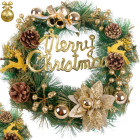Kalėdinis dekoratyvinis vainikas su auksinėmis puošmenomis ir užrašu „Merry Christmas“, 40 cm