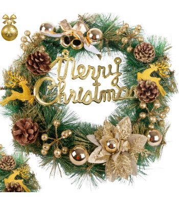 Kalėdinis dekoratyvinis vainikas su auksinėmis puošmenomis ir užrašu „Merry Christmas“, 40 cm
