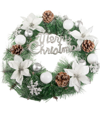Kalėdinis dekoratyvinis vainikas su kankorėžiais ir užrašu Merry Christmas, 40 cm