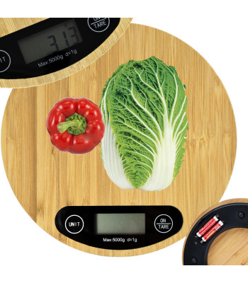 Elektroninės bambukinės virtuvinės svarstyklės su LCD ekranu, apvalios, iki 5 kg