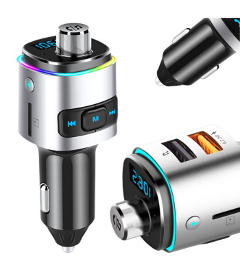 Bluetooth FM siųstuvas ir greitojo įkrovimo automobilinis įkroviklis su 2 USB jungtimis, sidabrinės ir juodos spalvos