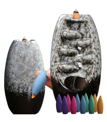Keraminis krioklio formos smilkalų laikiklis aromaterapijai su 10 kūginių smilkalų, 20 × 9 cm