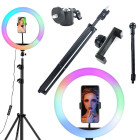 RGB žiedinė LED lempa su telefono laikikliu ir reguliuojamu stovu, 30 cm