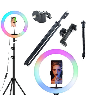 RGB žiedinė LED lempa su telefono laikikliu ir reguliuojamu stovu, 30 cm