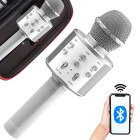 Belaidis apvalus karaoke mikrofonas su Bluetooth garsiakalbiu ir dėklu, sidabrinis