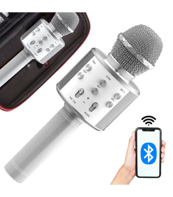 Belaidis apvalus karaoke mikrofonas su Bluetooth garsiakalbiu ir dėklu, sidabrinis