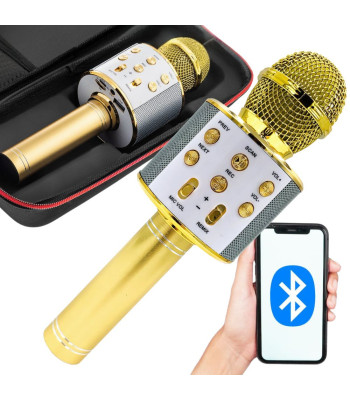 Belaidis karaoke mikrofonas su Bluetooth garsiakalbiu ir dėklu, auksinis, 22 cm