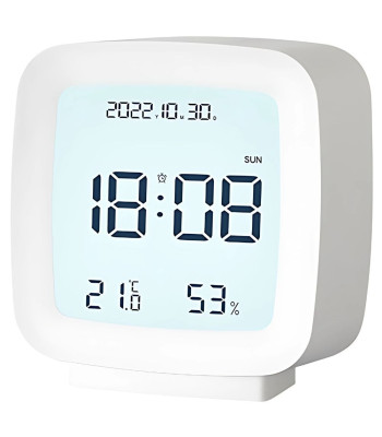 Baltas žadintuvas su LCD ekranu, data, temperatūros ir oro drėgmės matavimu bei snaudimo funkcija