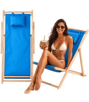 Sulankstomas medinis sodo ir paplūdimio gultas su pagalvėle, mėlynas, reguliuojamas, 53,5 × 122 cm