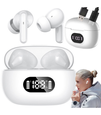 Belaidės į ausis įstatomos Bluetooth ausinės su mikrofonu ir LED įkrovimo dėklu F05