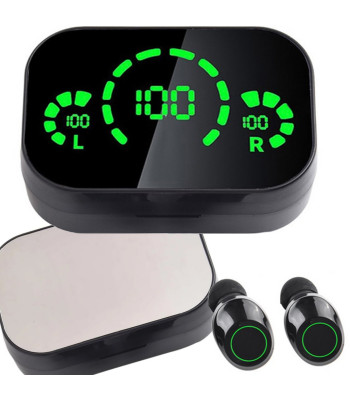 Belaidės į ausis įstatomos „Bluetooth“ ausinės su LED įkrovimo dėklu ir mikrofonu – YD03