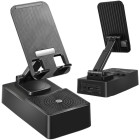 Telefono ir planšetės stovas su „Bluetooth“ garsiakalbiu, juodas, 14 × 8 × 4 cm