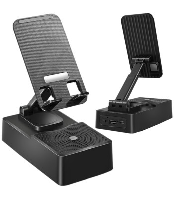 Telefono ir planšetės stovas su „Bluetooth“ garsiakalbiu, juodas, 14 × 8 × 4 cm