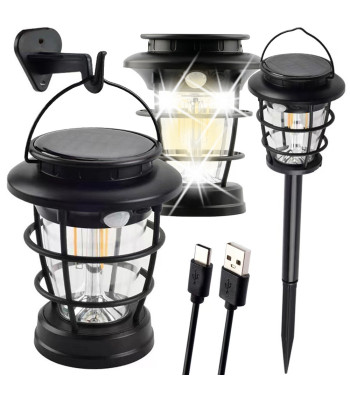 Saulės energija įkraunamas LED sodo ir stovyklavimo žibintas su USB įkrovimu, judesio ir sutemų jutikliais, 56 cm