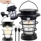Saulės lempa–žibintas stovyklavimui ir sodui su LED, USB įkrovimu bei judesio ir prieblandos jutikliais