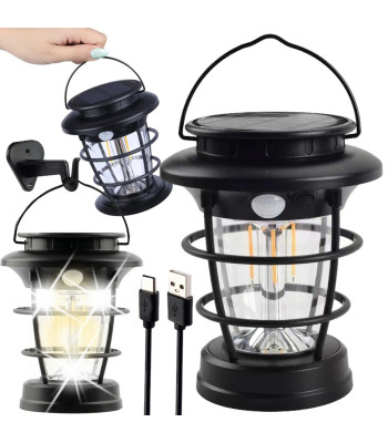 Saulės lempa–žibintas stovyklavimui ir sodui su LED, USB įkrovimu bei judesio ir prieblandos jutikliais