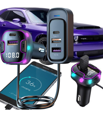 Automobilinis Bluetooth FM siųstuvas ir įkroviklis su USB ir USB-C jungtimis, Bluetooth 5.0, 12–24 V