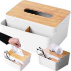 Dėžutė higieninėms servetėlėms su šoniniu organizatoriumi ir bambukiniu dangteliu, 19 × 15,5 × 9,5 cm