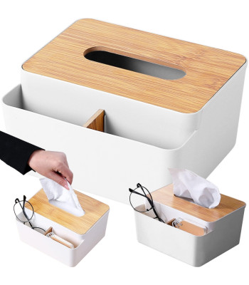 Dėžutė higieninėms servetėlėms su šoniniu organizatoriumi ir bambukiniu dangteliu, 19 × 15,5 × 9,5 cm