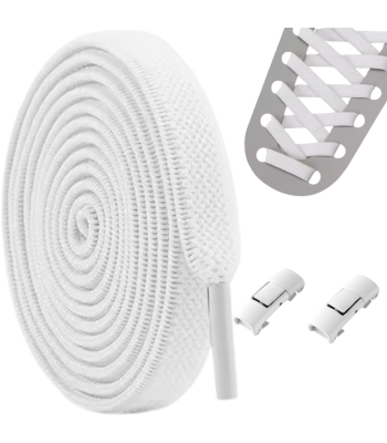 Elastiniai guminiai batų raišteliai be rišimo su metalinėmis sagtelėmis, balti, 100 cm