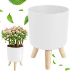 Baltas gėlių vazonas su mediniu stovu, Ø 14 cm, aukštis 19,5 cm