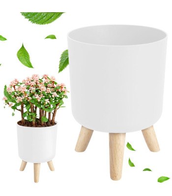 Baltas gėlių vazonas su mediniu stovu, Ø 14 cm, aukštis 19,5 cm