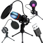 USB studijinis mikrofonas su RGB apšvietimu, stovu ir pop filtru