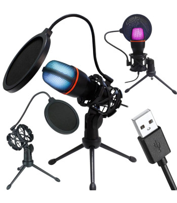 USB studijinis mikrofonas su RGB apšvietimu, stovu ir pop filtru
