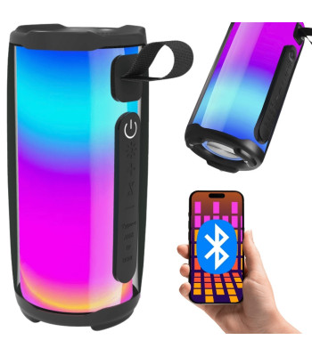 Nešiojamasis belaidis „Bluetooth“ boomboksas su RGB apšvietimu, FM radiju, USB ir AUX, 18cm x 8,5cm x 8,5cm
