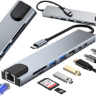 USB-C šakotuvas su HDMI, USB-A, USB-C, SD, TF ir RJ45 jungtimis, 8 viename