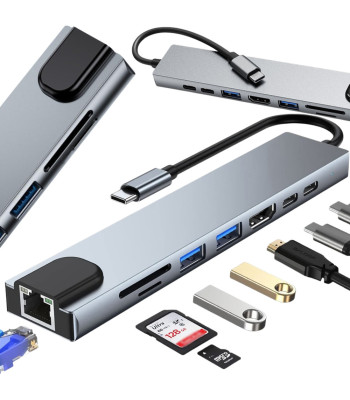 USB-C šakotuvas su HDMI, USB-A, USB-C, SD, TF ir RJ45 jungtimis, 8 viename