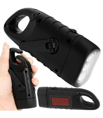 Rankinis dinamo ir saulės energija įkraunamas žibintuvėlis su 3 LED ir segtuku, 12,5 × 2,5 × 4,5 cm