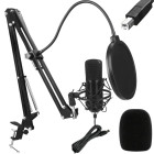 USB kondensatorinis studijinis mikrofonas su stovu ir pop filtru