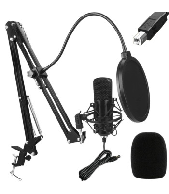 USB kondensatorinis studijinis mikrofonas su stovu ir pop filtru